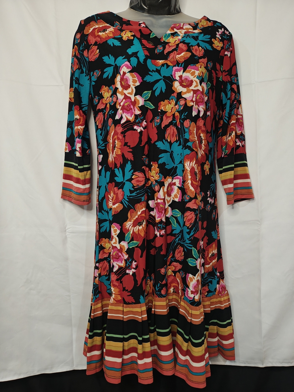 Violet B Floral Stripe Black A-Line Dress - Black / Multi